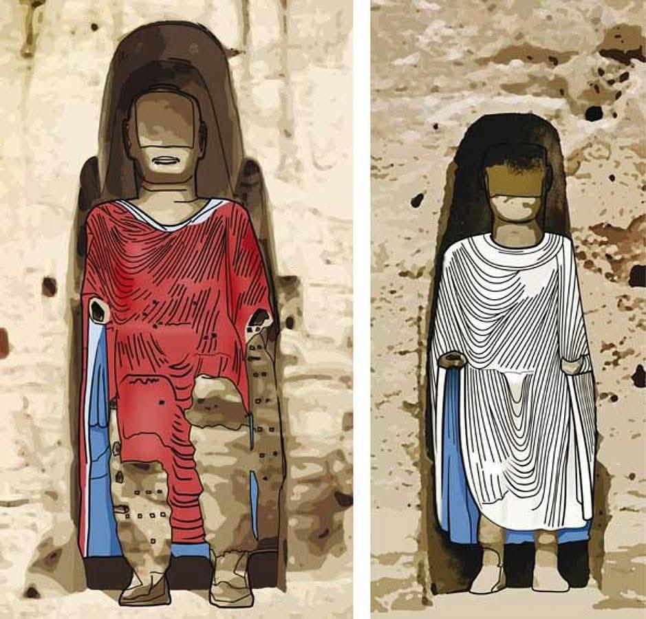 Digitale Illustration der beiden Kolossalstatuen von Bamiyan in ihren Felsnischen, in Rot und Weiß nachgezeichnet