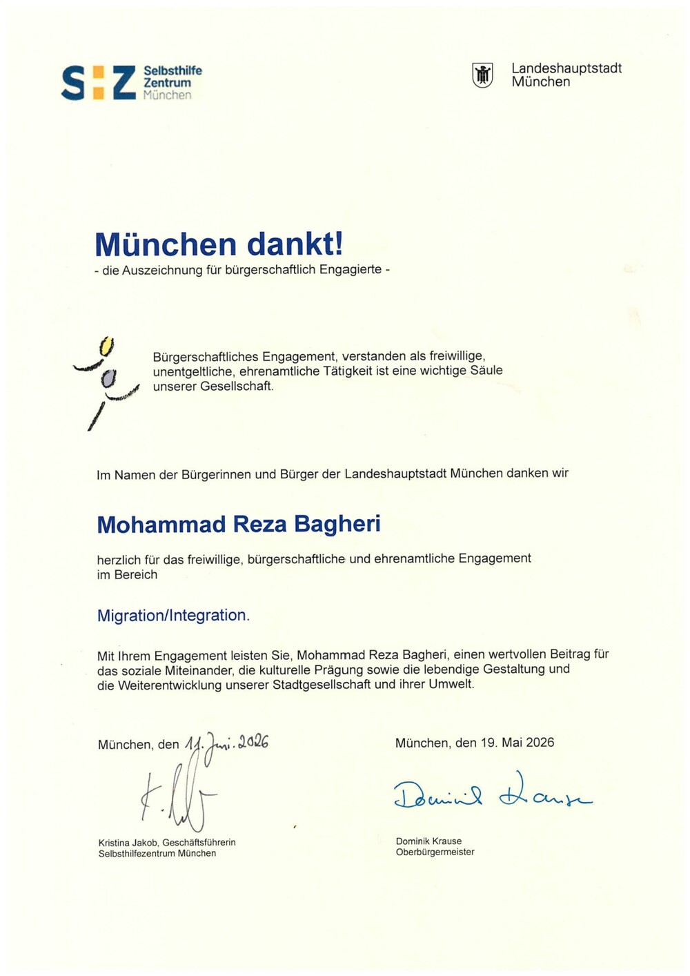 Die Urkunde „München dankt!“ der Landeshauptstadt München und des Selbsthilfezentrums München, verliehen an Mohammad Reza Bagheri (Bamiyan Kulturhaus München e. V.)