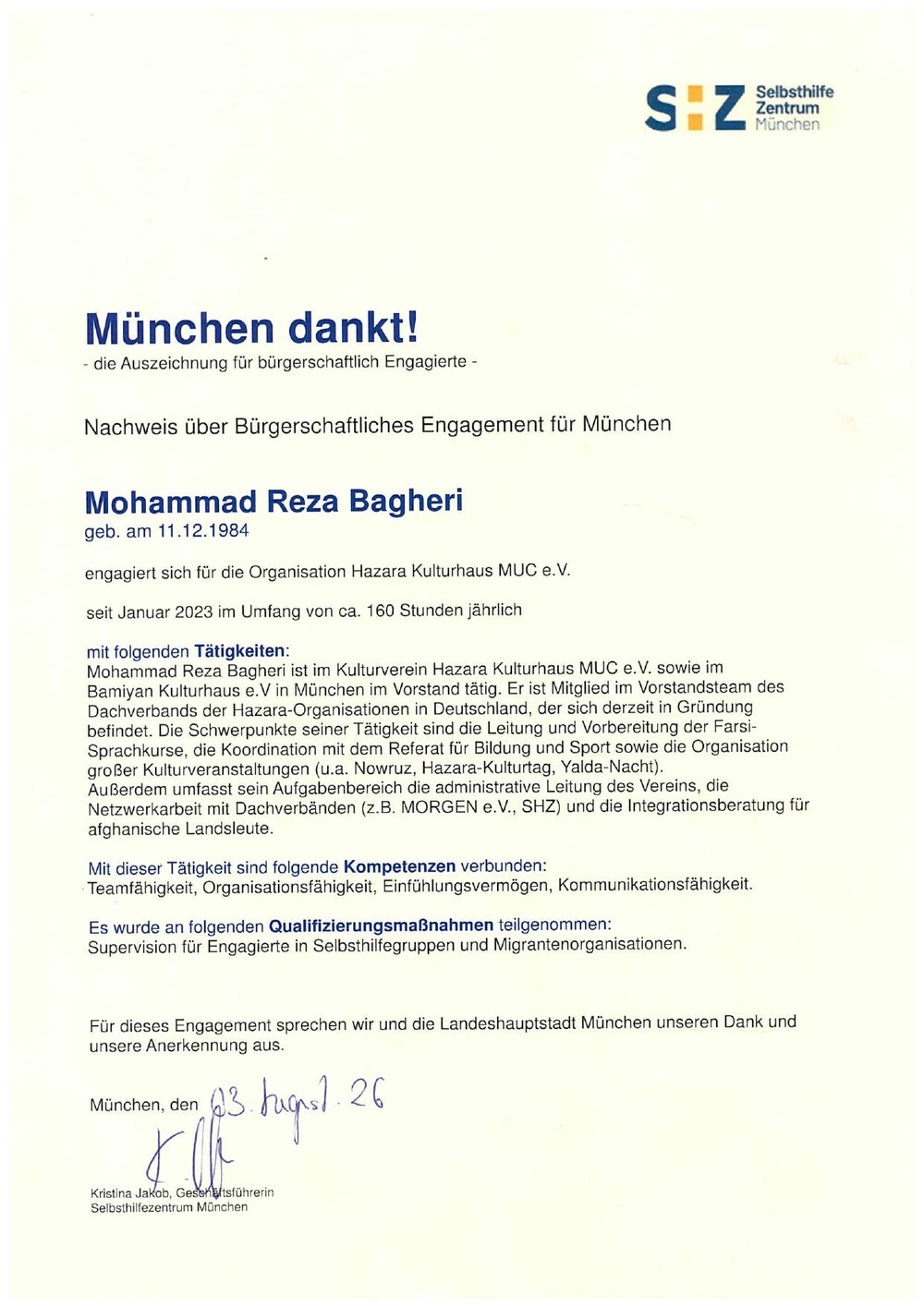 Nachweis über Bürgerschaftliches Engagement für München, ausgestellt vom Selbsthilfezentrum München für Mohammad Reza Bagheri